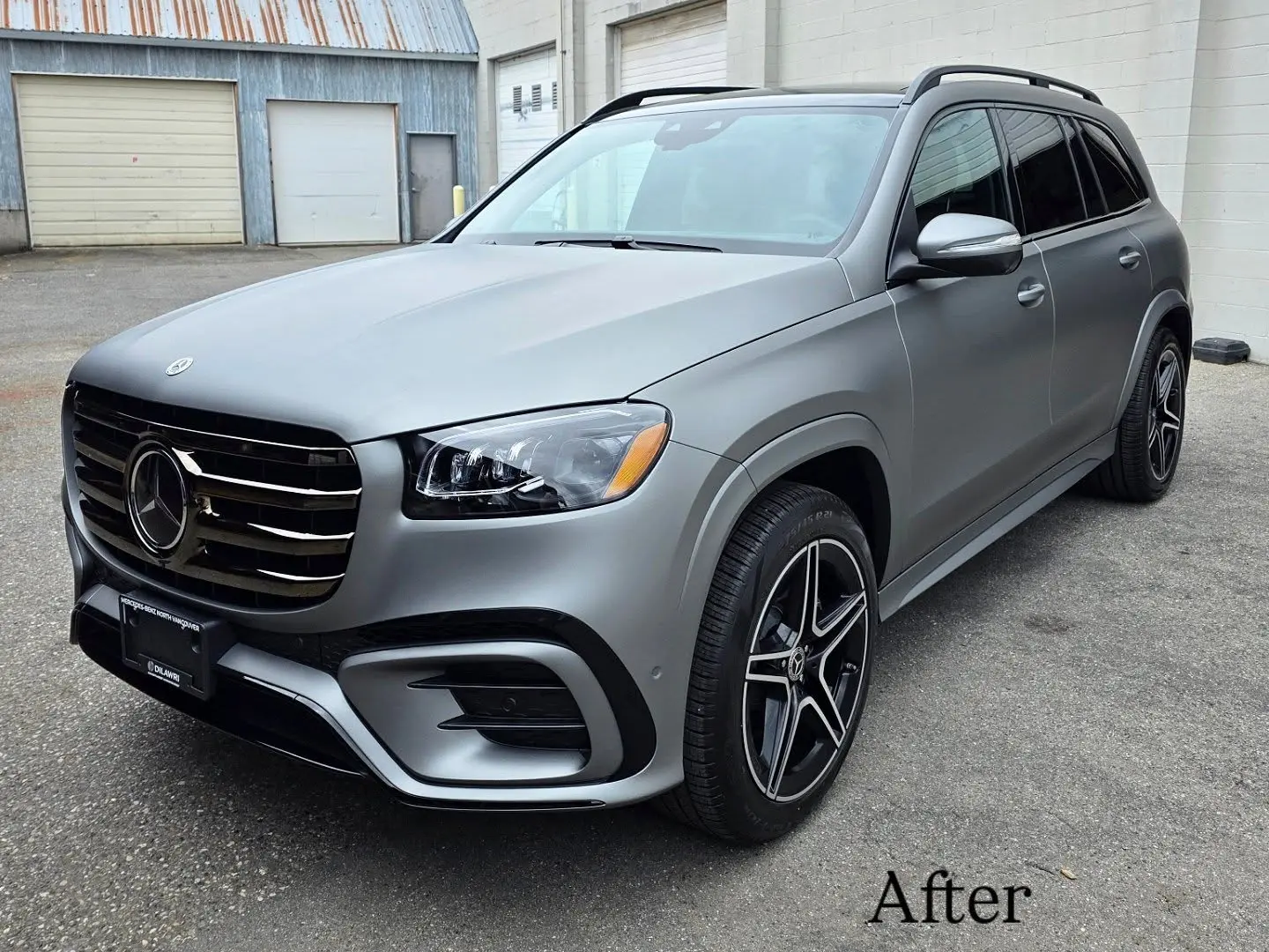 Mercedes GLS after its full colour change to Avery Matte Metallic Gunmetal, parked outside the shop