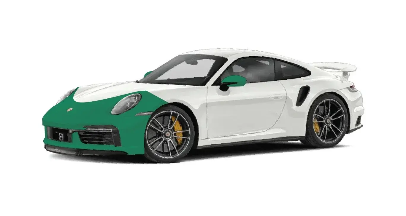 Diagram of a white Porsche 911 with the front bumper, the leading part of the hood and front fenders, and the side mirrors shaded green for Partial Front PPF