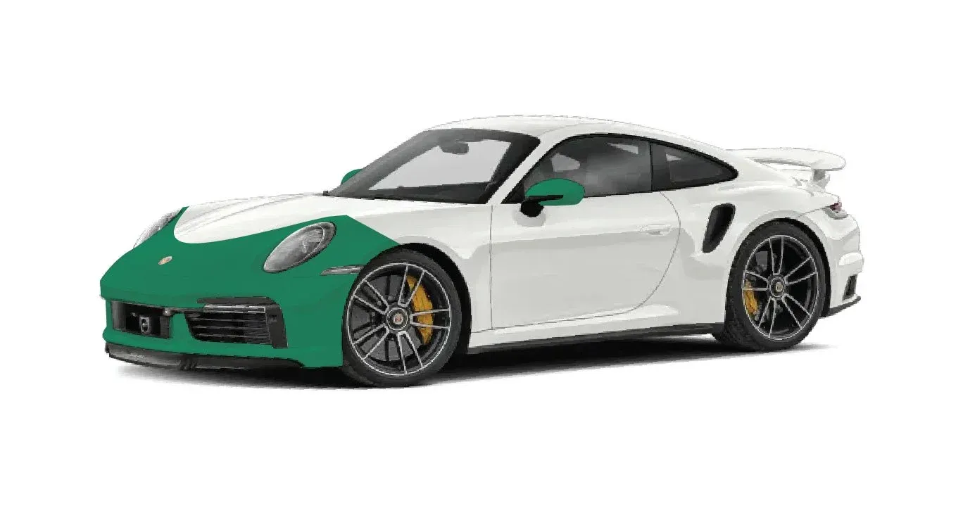 Diagram of the Partial Front paint protection film package, with the covered panels shaded: full bumper, partial hood, partial fenders, headlights, side mirrors