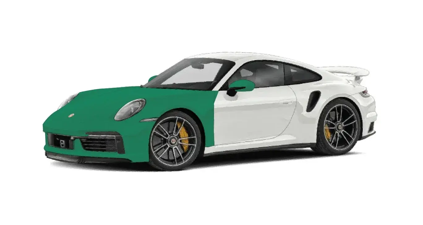 Diagram of a white Porsche 911 with the whole hood, both front fenders, the front bumper and the side mirrors shaded green for Full Front PPF