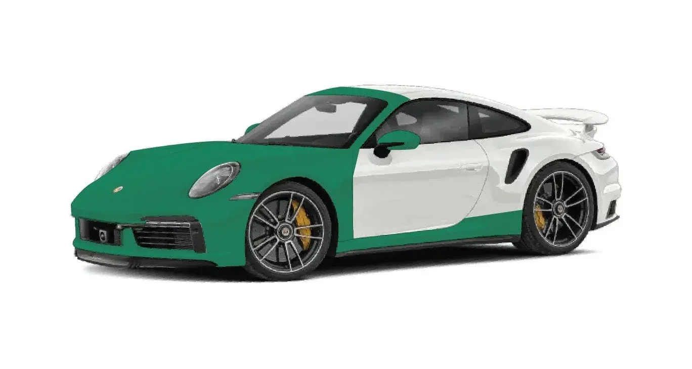 Diagram of a white Porsche 911 with the hood, front fenders, bumper, mirrors, A-pillars, the front of the roof and the rocker panel below the doors shaded green