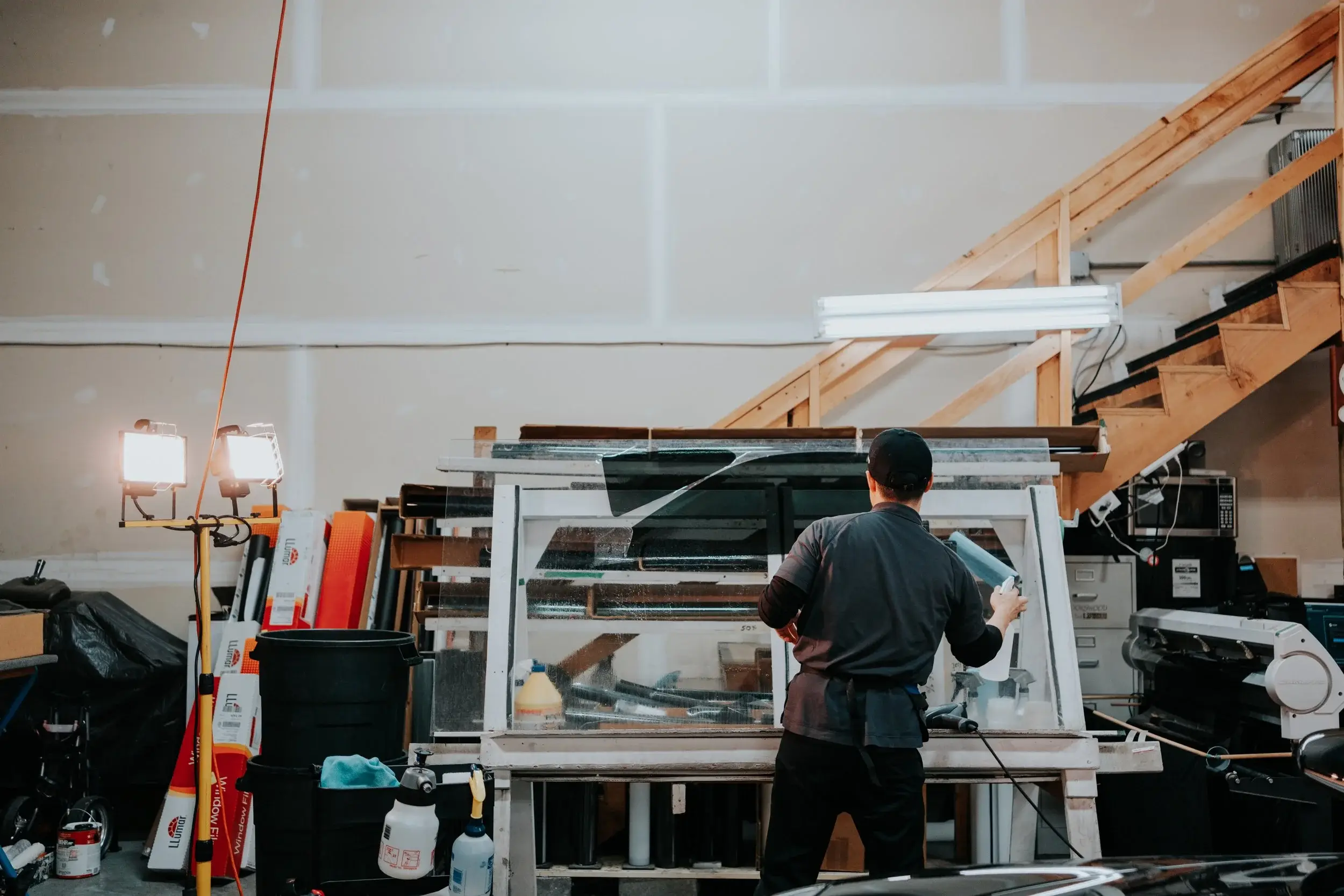 Wide view of the shop with a technician at the plotter table