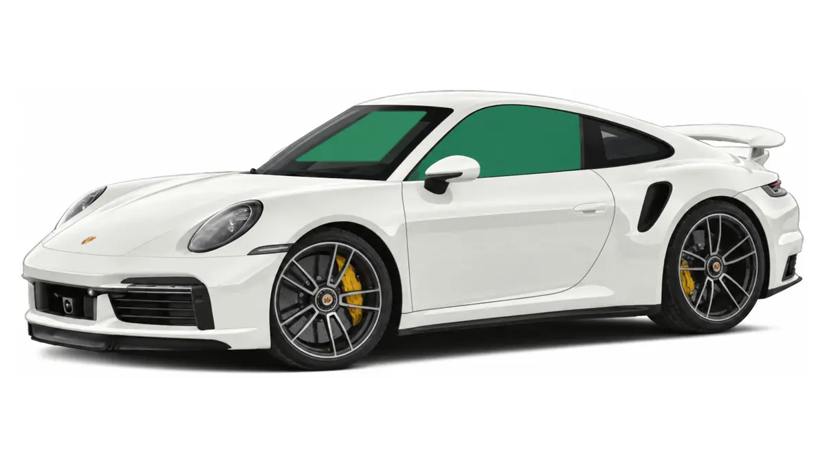 Profile diagram of a white Porsche 911 with both front door windows shaded green