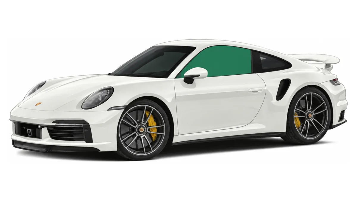 White Porsche 911 in profile with the front door window shaded to show the tinted glass