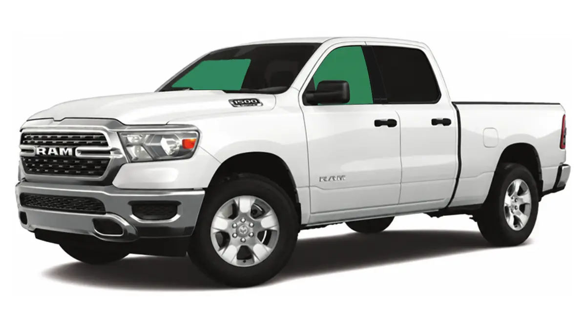 Diagram of a white Ram 1500 pickup with both front door windows shaded green