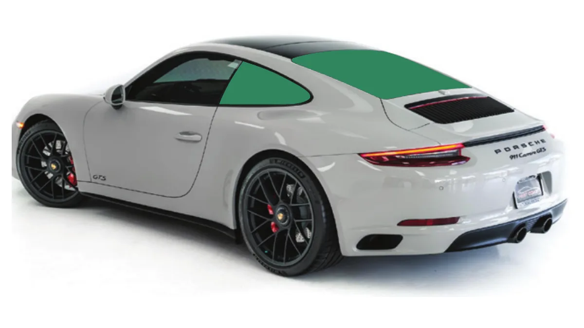 Grey Porsche coupe seen from behind with the quarter windows and rear windshield shaded to show the tinted glass