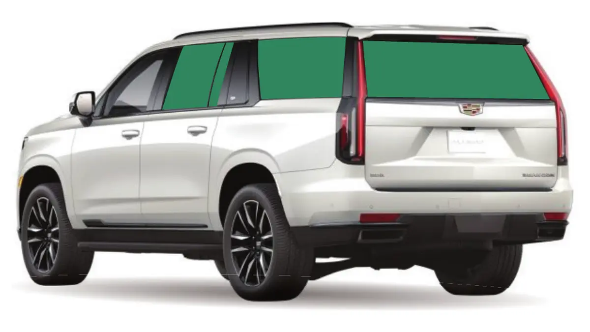 Diagram of a white full-size SUV from behind with the rear door windows, quarter glass, extended side windows and hatch glass shaded green