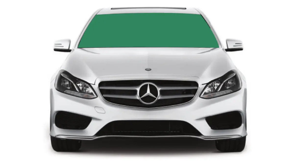 Diagram of a white Mercedes sedan from the front, its entire windshield shaded green