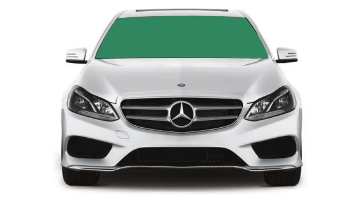 Front-view diagram of a silver Mercedes sedan with the entire windshield shaded green