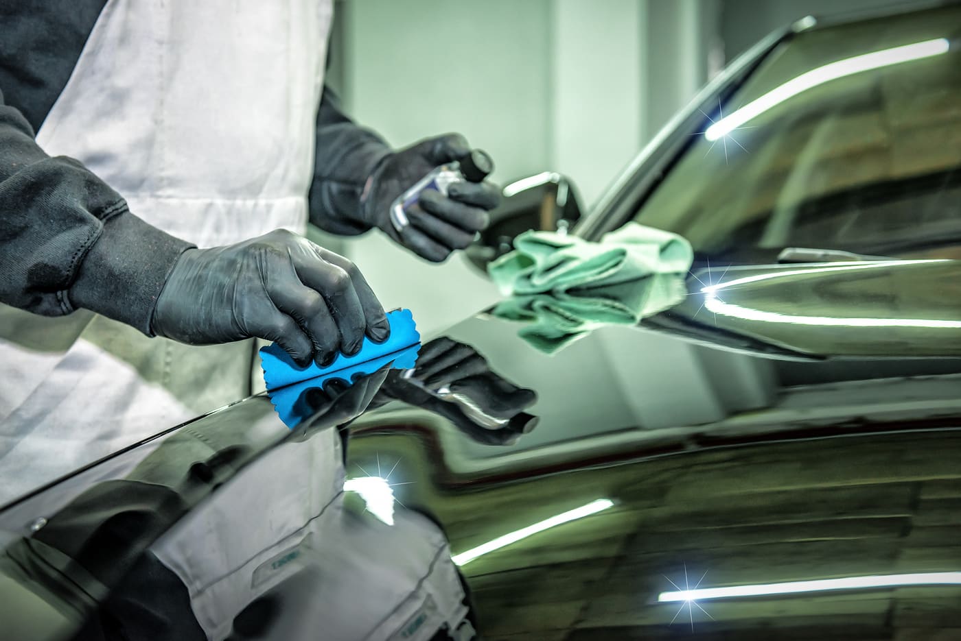 Gloved hands spreading a ceramic coating across dark car paint with an applicator block
